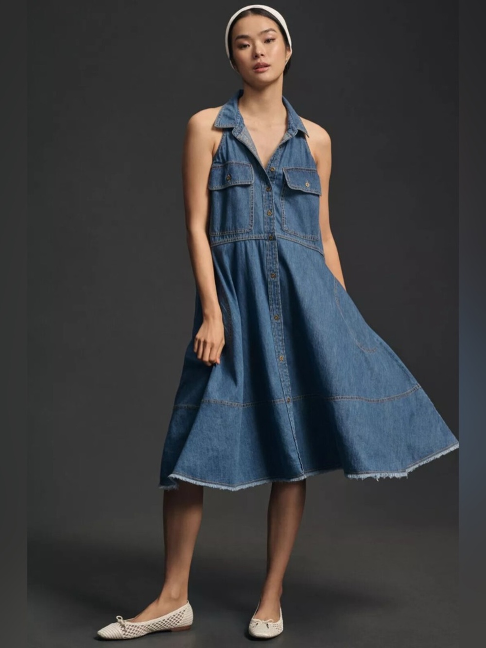 Pilcro Anthropologie Sleeveless Halter Denim Swing Midi Dress Size Small